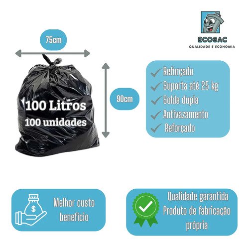 Saco De Lixo Reforçado 100l P5 Resistente Econômico 100 Unid