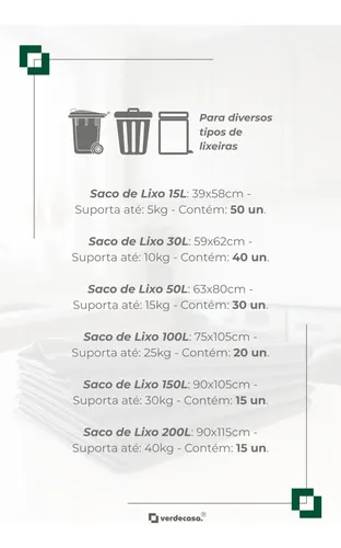 Saco De Lixo Reforçado 15l 30l 50l 100l 150l 200 Litros Rolo