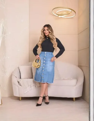 Saia Jeans Com Bolso(laterais)- Moda Feminina Evangélica