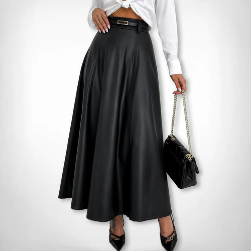 Saia longa feminina couro cintura alta plissada elegante