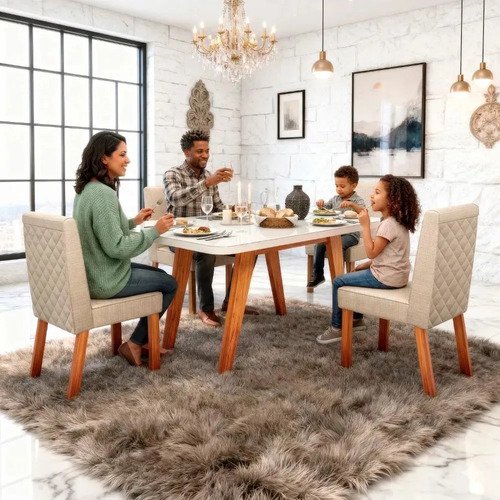 Sala De Jantar 130x90 Mavie Vidro Off 4 Cadeiras Bom Pastor Off-white Naturale Linho Off