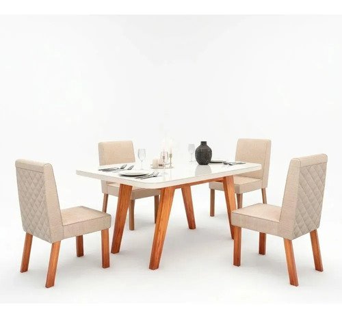 Sala De Jantar 130x90 Mavie Vidro Off 4 Cadeiras Bom Pastor Off-white Naturale Linho Off