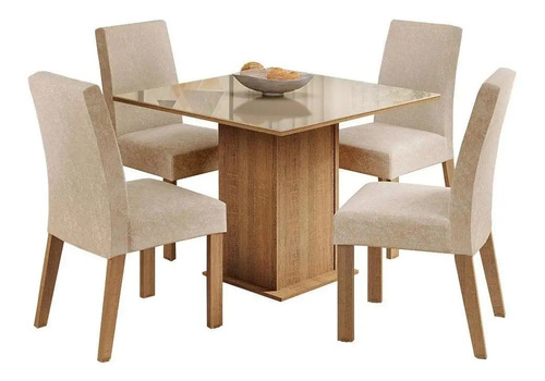 Sala De Jantar Estofada Madesa Evelin Mesa Tampo Vidro Com 4 Cadeiras Cor Rustic/Crema/Imperial MDJA0401037GSIM