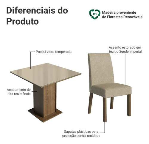Sala De Jantar Estofada Madesa Evelin Mesa Tampo Vidro Com 4 Cadeiras Cor Rustic/Crema/Imperial MDJA0401037GSIM