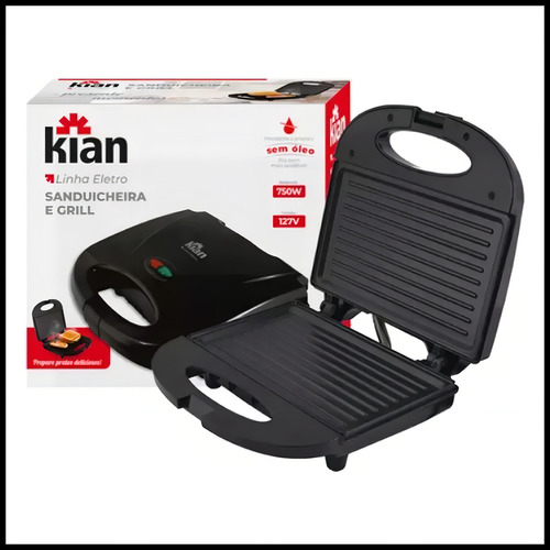 Sanduicheira grill 2 em 1 kian preta eletrica 750w cor preto
