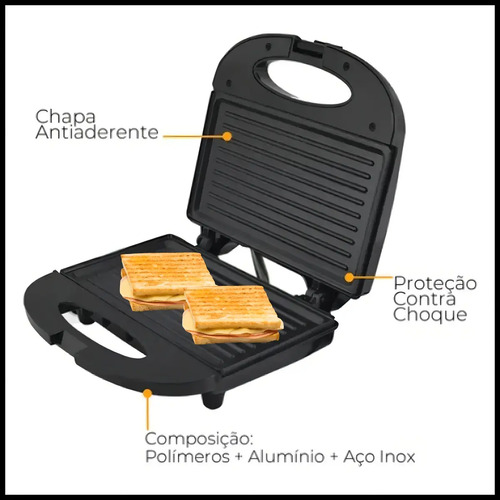 Sanduicheira Grill 2 Em 1 Kian Preta Elétrica 750w Cor Preto,Seu Mixto Quente Ultra Rápido, e Outros Petiscos