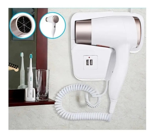 Secador de Cabelo Branco Hair Dryer 1300W Fixo Parede Ar Quente e Frio