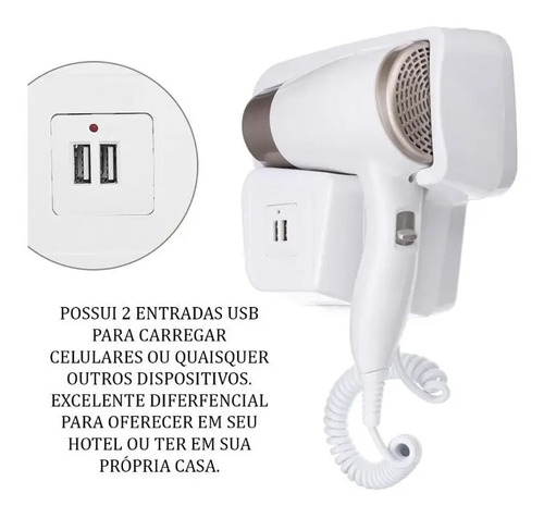 Secador de Cabelo Branco Hair Dryer 1300W Fixo Parede Ar Quente e Frio