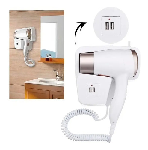 Secador de Cabelo Branco Hair Dryer 1300W Fixo Parede Ar Quente e Frio