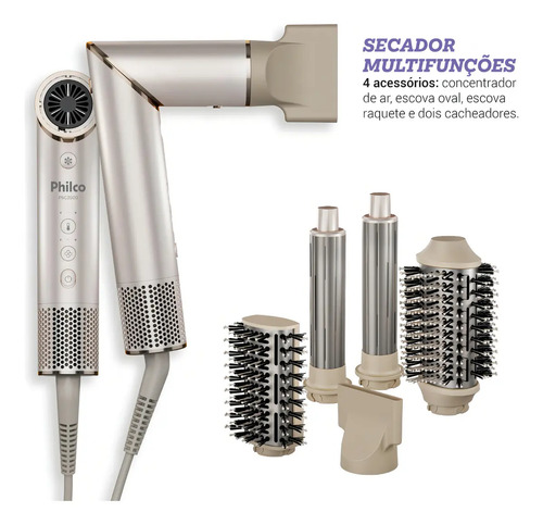 Secador De Cabelos Philco PSC3500 4 Em 1 dobrável Motor BLDC Prateado