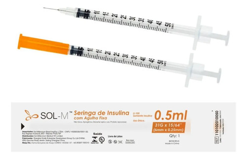 Seringa De Insulina 0,5ml C Agulha Fixa 0,25mmx6mm Blister