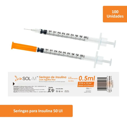 Seringa De Insulina 0,5ml C Agulha Fixa 0,25mmx6mm Blister