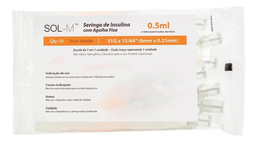 Seringa De Insulina 0,5ml C Agulha Fixa 0,25mmx6mm Blister