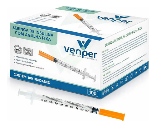 Seringa de insulina 1ml agulha fixa 030x8mm venper cx100und