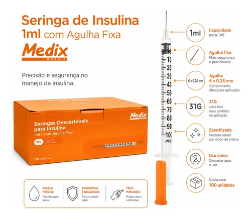 Seringa De Insulina 1ml C/ Agulha Fixa 6x0,25 - Cx C/ 100 Un