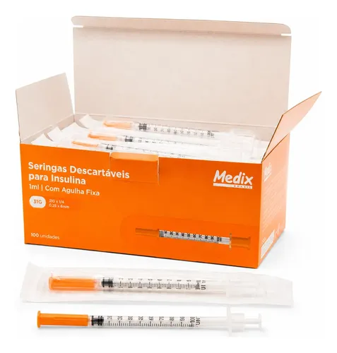Seringa De Insulina 1ml C/ Agulha Fixa 6x0,25 - Cx C/ 100 Un