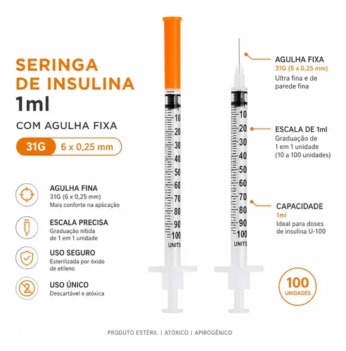 Seringa De Insulina 1ml C/ Agulha Fixa 6x0,25 - Cx C/ 100 Un