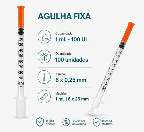 Seringa Insulina 100ui Agulha 6mmx25mm Fixa 1,0ml 25 Unid