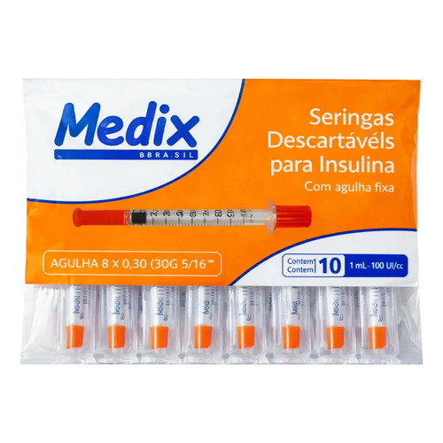 Seringa Insulina 1ml Agulha Fixa 8x0,30 - 10 Unidades