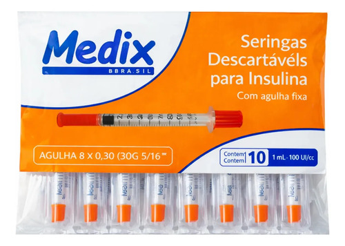 Seringa Insulina 1ml Agulha Fixa 8x0,30 - 10 Unidades