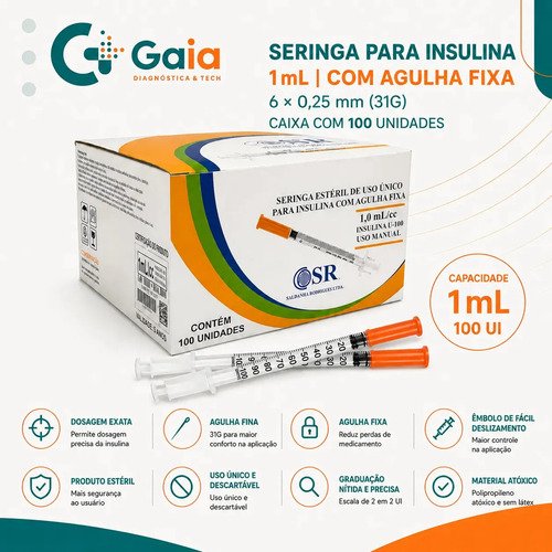 Seringa Insulina 1ml com Agulha Fixa 6 x 0,25 mm (31G) | Caixa com 100 Unidades | SR