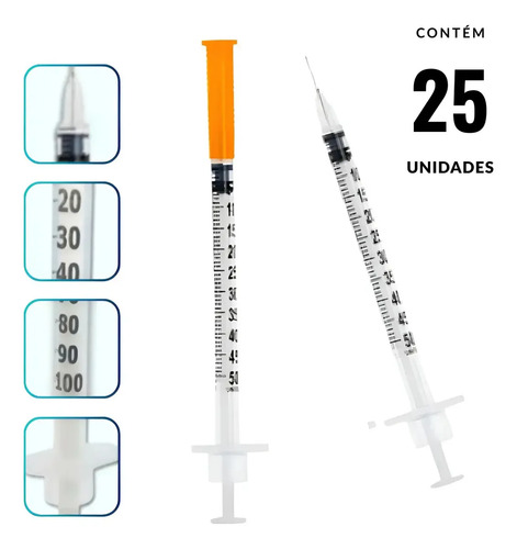 Seringa insulina 50ui agulha 6mmx25mm fixa 05ml 25 unidades