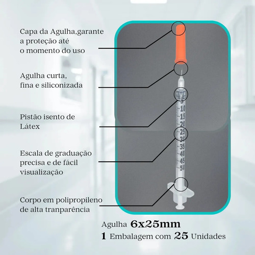 Seringa Insulina 50ui Agulha 6mmx25mm Fixa 0,5ml 25 Unidades 0.5 Ml
