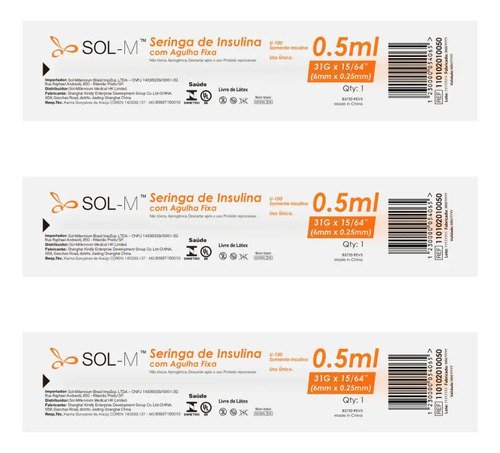 Seringa Insulina C Agulha Fixa 0,5ml 0,25mm X 6mm 31g 100un