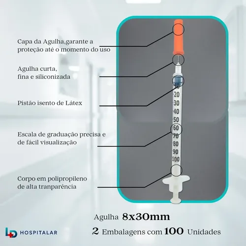 Seringa Insulina Com Agulha Fixa 0,30mmx8mm 100 Unidades 1 Ml