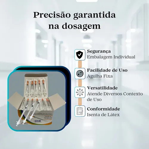 Seringa Insulina Com Agulha Fixa 0,30mmx8mm 100 Unidades 1 Ml