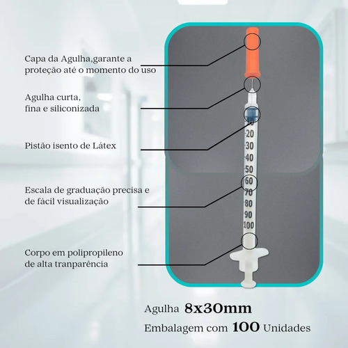 Seringa Insulina Com Agulha Fixa 1ml 8mm X 0,30mm 100un