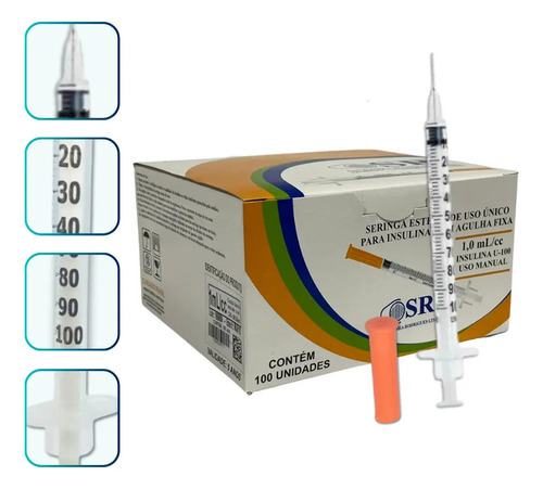 Seringa Insulina Com Agulha Fixa 1ml 8mm X 0,30mm 100un