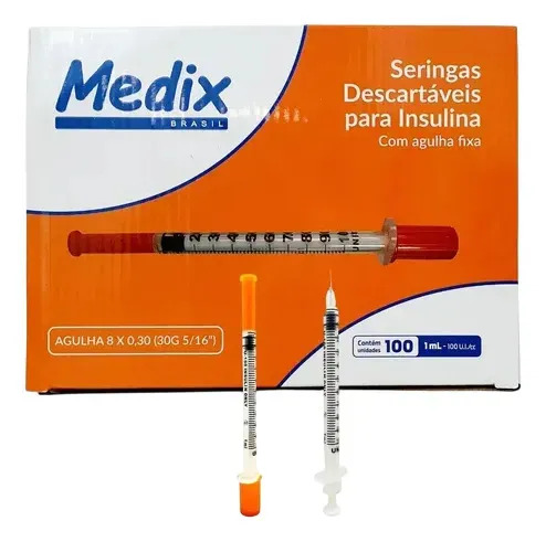 Seringa insulina medix 1ml agulha fina 8x03mm 30g 100 unid