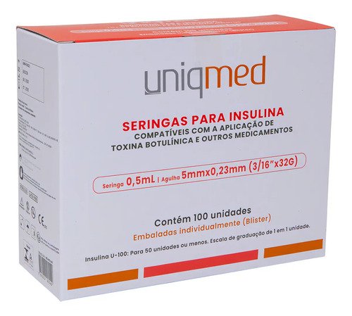 Seringa insulina uniqmed 05ml 5mmx023mm 32g 100 unidades