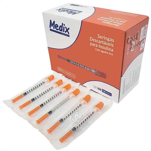 Seringa Medix 1mL para Insulina e Botox, com Agulha Fixa Fina de 8x0,30mm - Pack com 100
