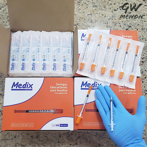 Seringa Medix 1mL para Insulina e Botox, com Agulha Fixa Fina de 8x0,30mm - Pack com 100