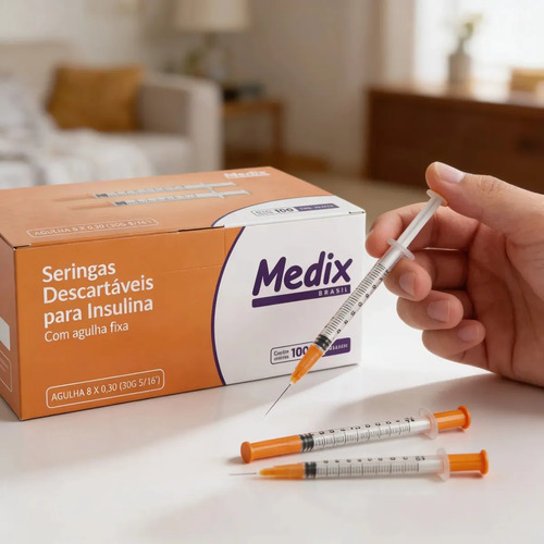 Seringa Medix 1mL para Insulina e Botox, com Agulha Fixa Fina de 8x0,30mm - Pack com 100