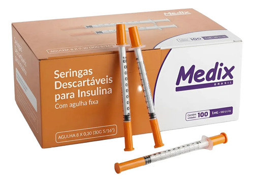 Seringa Medix 1mL para Insulina e Botox, com Agulha Fixa Fina de 8x0,30mm - Pack com 100