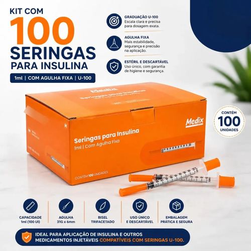 Seringas Insulina 1ml 100ui Agulha Fixa 6x0,25 100 Unidades