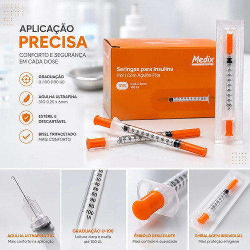 Seringas Insulina 1ml 100ui Agulha Fixa 6x0,25 100 Unidades