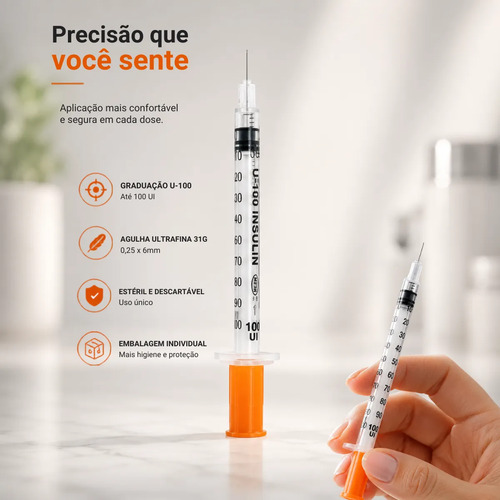 Seringas Insulina 1ml 100ui Agulha Fixa 6x0,25 100 Unidades