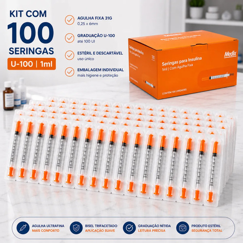 Seringas Insulina 1ml 100ui Agulha Fixa 6x0,25 100 Unidades