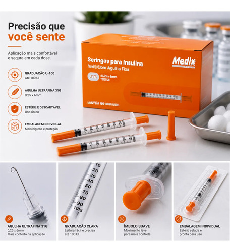 Seringas Insulina 1ml 100ui Agulha Fixa 6x0,25 100 Unidades