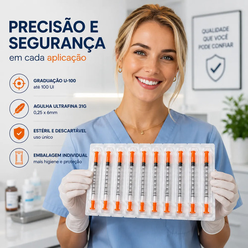 Seringas Insulina 1ml 100ui Agulha Fixa 6x0,25 100 Unidades