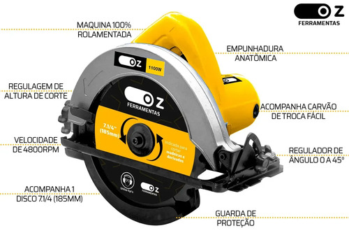 Serra Circular Elétrica Para Madeira 7.1/4 Pol 1100w Profissional Kit Com Luvas E Óculos Oz