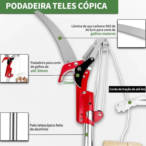 Serrote Podador Galhos 2 Em 1 Serra E Poda C/8 Vara Seções