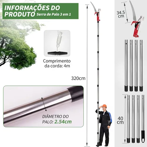 Serrote Podador Galhos 2 Em 1 Serra E Poda C/8 Vara Seções