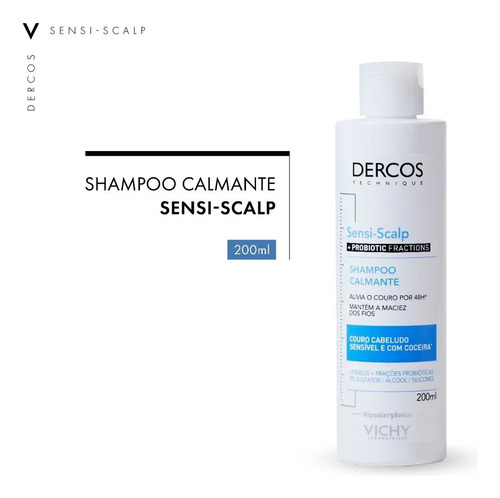 Shampoo de Limpeza Calmante para Couro Cabeludo Sensível, Alívio Instantâneo 48h, Nutrição e Brilho, Livre de Sulfatos, Parabenos e Corantes, Dercos SensiScalp Probiotic, Vichy 200ml