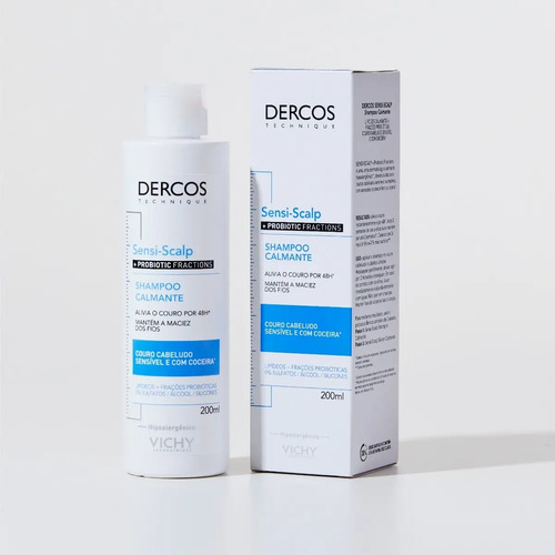 Shampoo de Limpeza Calmante para Couro Cabeludo Sensível, Alívio Instantâneo 48h, Nutrição e Brilho, Livre de Sulfatos, Parabenos e Corantes, Dercos SensiScalp Probiotic, Vichy 200ml