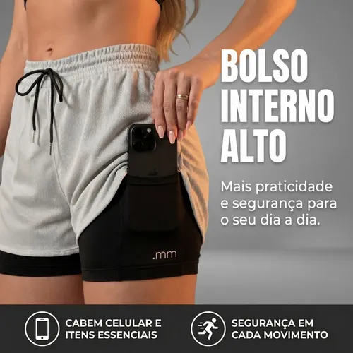 Short Duplo 2 Em 1 Fitness Bermuda Cintura Alta Feminino